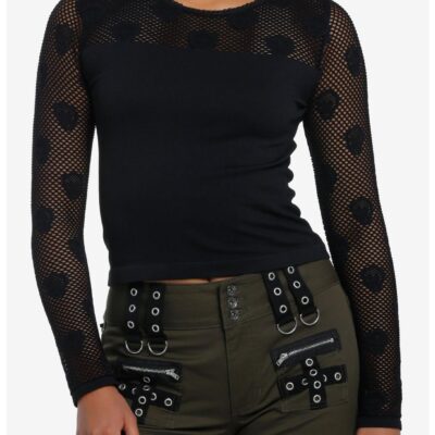 Social Collision Black Skull Mesh Girls Crop Long-Sleeve Top