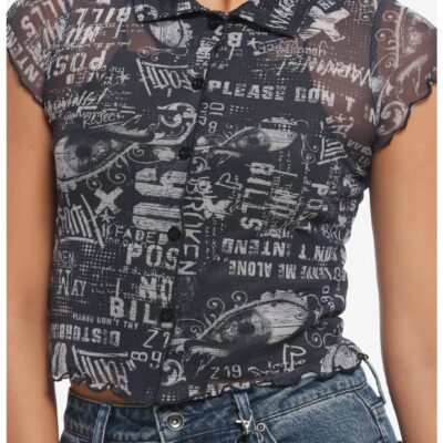 Social Collision® Newsprint Mesh Girls Button-Up Top