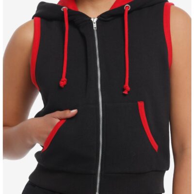 Daisy Street Red & Black Girls Crop Sleeveless Hoodie