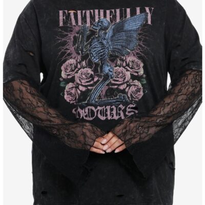 Thorn & Fable Faithfully Yours Lace Sleeve Girls Twofer Long-Sleeve T-Shirt Plus Size