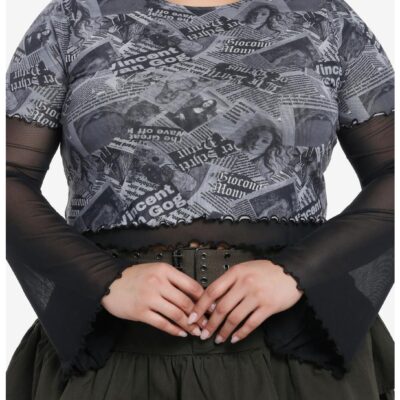 Social Collision Newsprint Mesh Sleeve Girls Twofer Top Plus Size