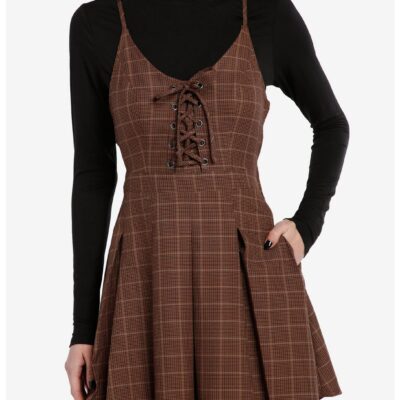 Social Collision Brown Plaid Long-Sleeve Twofer Dress