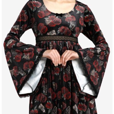 Thorn & Fable Rose Moth Velvet Bell Sleeve Dress