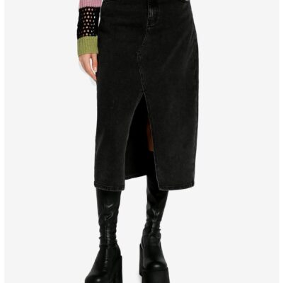 Social Collision Black Denim Belted Midi Skirt