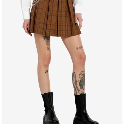 Social Collision Brown Plaid Chain Pleated Skirt