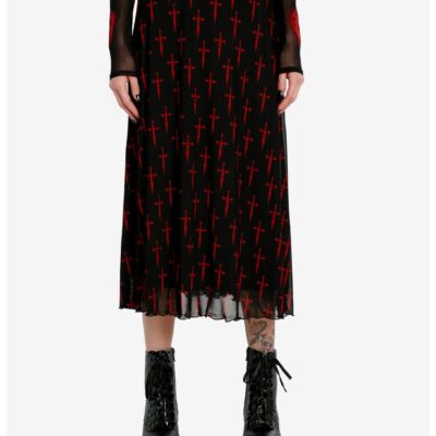 Social Collision Black & Red Dagger Mesh Midi Skirt