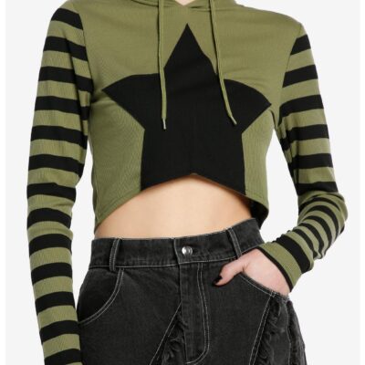 Social Collision Black & Green Stripe Star Girls Crop Hoodie