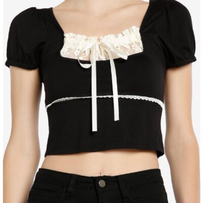 Thorn & Fable Black & Ivory Lace Girls Puff Sleeve Top