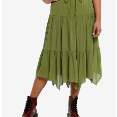 Thorn & Fable® Green Tiered Hanky Hem Midi Skirt