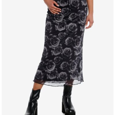 Cosmic Aura® Black & Grey Roses Midi Skirt