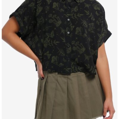 Cosmic Aura Black & Green Mushroom Girls Crop Woven Button-Up