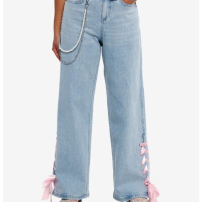 Sweet Society Pink Ribbon Heart Wide Leg Jeans