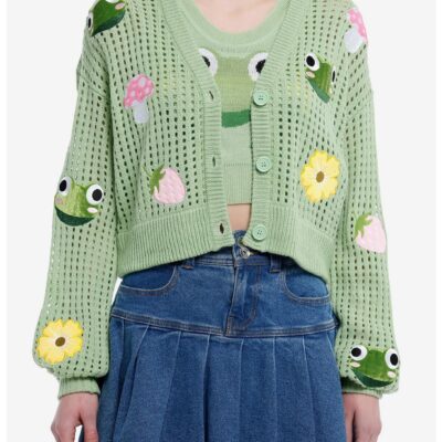 Thorn & Fable Frog Mushroom Flower Girls Crop Tank Top & Cardigan Set