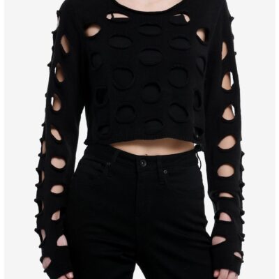 Cosmic Aura Black Cutout Girls Crop Sweater