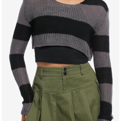 Social Collision® Black & Grey Stripe Girls Crop Knit Sweater