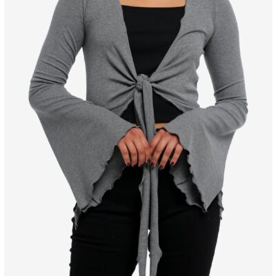 Cosmic Aura Grey Ribbed Girls Crop Bell Sleeve Shrug