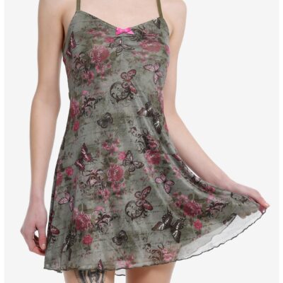 Sweet Society Pink & Green Butterfly Mesh Cami Dress