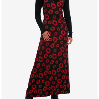 Black & Red Flower Twofer Turtleneck Maxi Dress