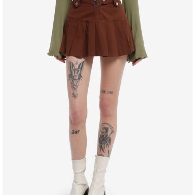 Brown Low-Rise Button Skirt With Belt