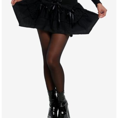 Black Lace-Up Tiered Hanky Hem Skirt