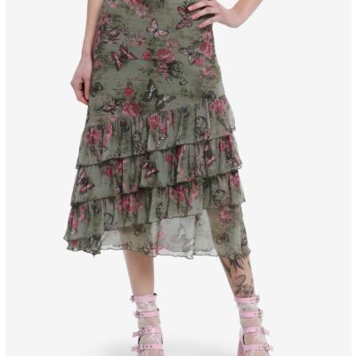 Sweet Society Butterfly Mesh Mermaid Tiered Midi Skirt