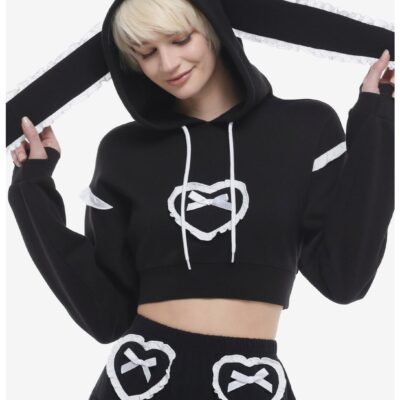 Sweet Society® Black & White Ruffle Bunny Ear Girls Crop Hoodie