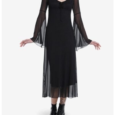 Cosmic Aura Black Mesh Bell Sleeve Midaxi Dress