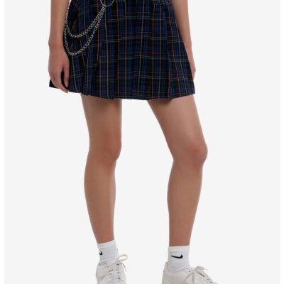 Social Collision® Blue & Orange Plaid Pleated Skirt With Chain