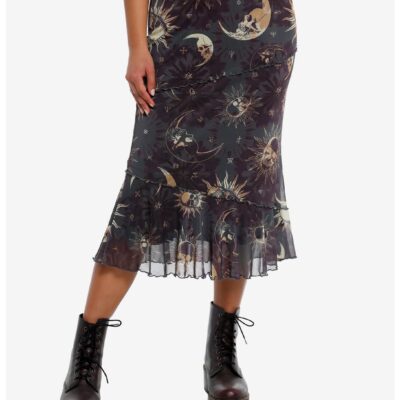 Cosmic Aura® Celestial Skull Asymmetrical Midi Skirt