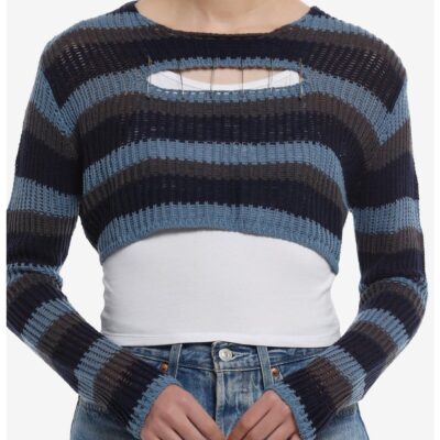 Social Collision® Blue & Grey Stripe Safety Pin Bolero Girls Crop Sweater