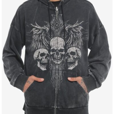 Social Collision® Triple Skull Wings Dark Wash Hoodie