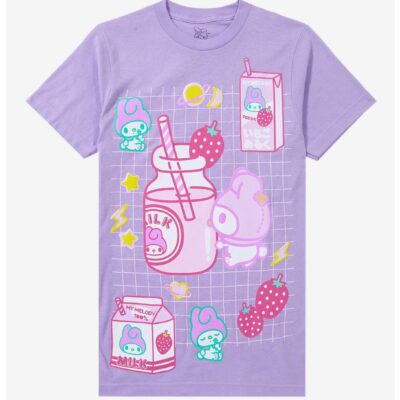 My Melody Strawberry Milk Grid Boyfriend Fit Girls T-Shirt