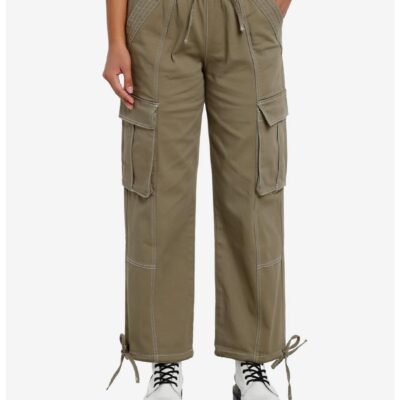 Olive Green Contrast Stitch Cargo Pants