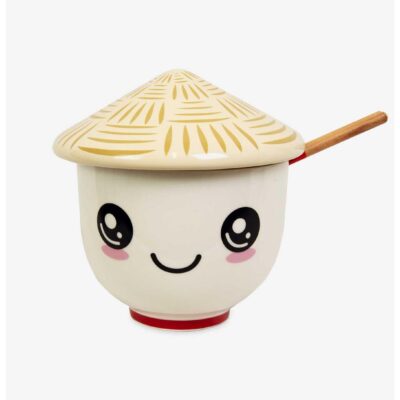 Kawaii Face Conical Hat Lid Ramen Bowl With Chopsticks