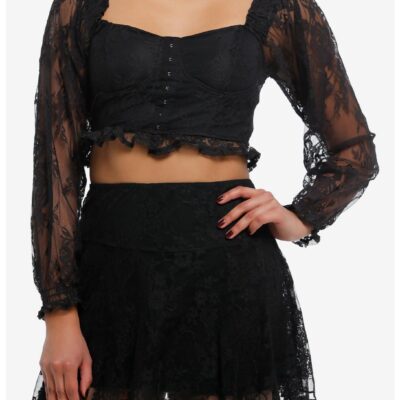 Thorn & Fable Black Lace Corset Girls Crop Long-Sleeve Top